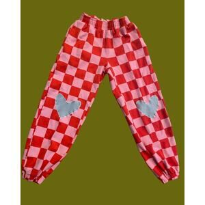 XS Upycycled Checkered Pink and Red Patterned Sweatpants